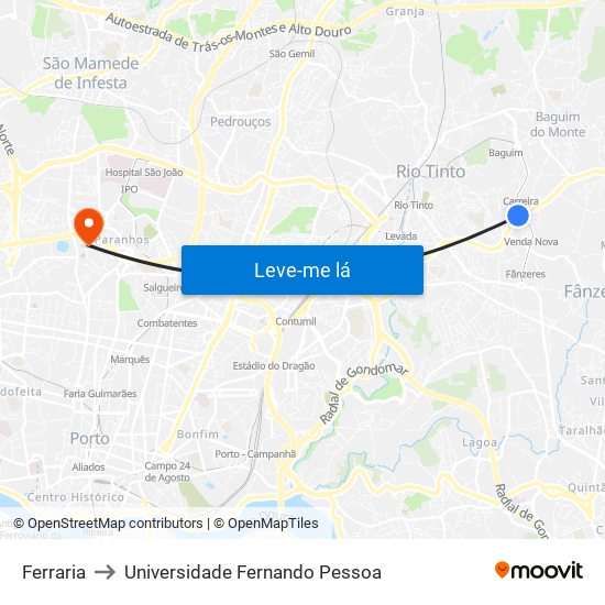 Ferraria to Universidade Fernando Pessoa map