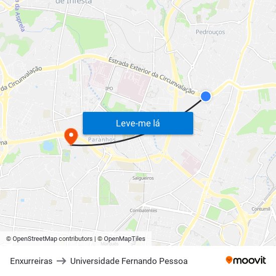 Enxurreiras to Universidade Fernando Pessoa map