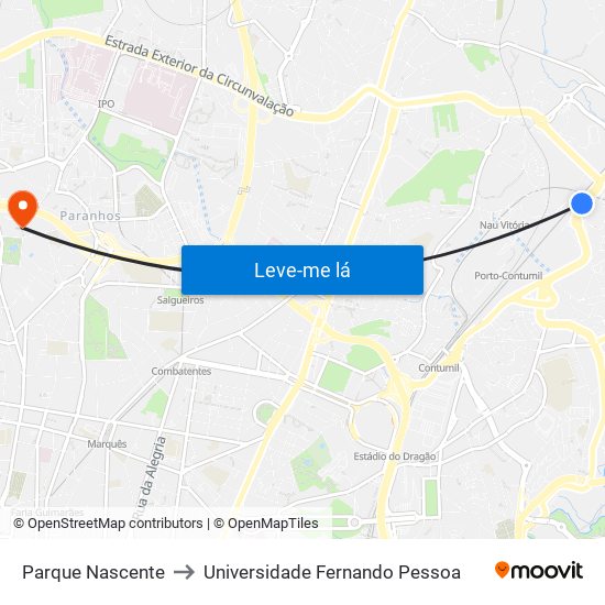 Parque Nascente to Universidade Fernando Pessoa map