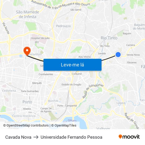 Cavada Nova to Universidade Fernando Pessoa map