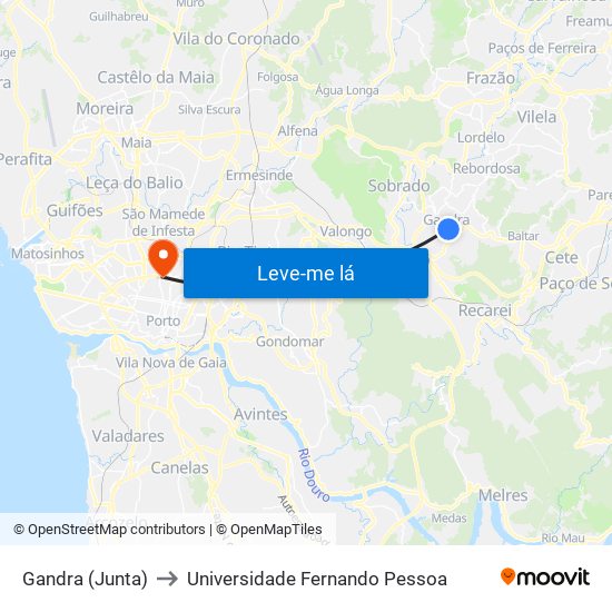 Gandra (Junta) to Universidade Fernando Pessoa map