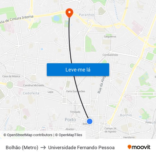Bolhão (Metro) to Universidade Fernando Pessoa map