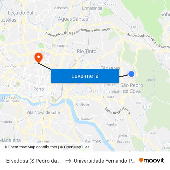 Ervedosa (S.Pedro da Cova) to Universidade Fernando Pessoa map