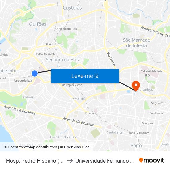 Hosp. Pedro Hispano (Metro) to Universidade Fernando Pessoa map