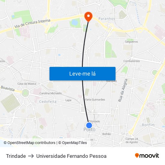 Trindade to Universidade Fernando Pessoa map