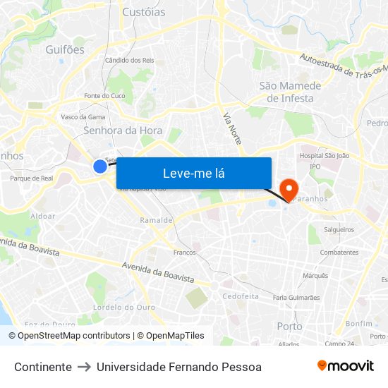 Continente to Universidade Fernando Pessoa map