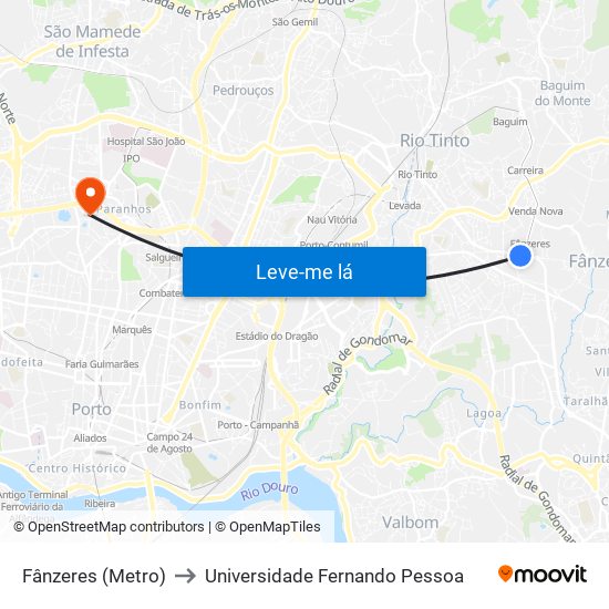 Fânzeres (Metro) to Universidade Fernando Pessoa map