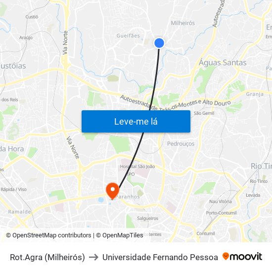 Rot.Agra (Milheirós) to Universidade Fernando Pessoa map
