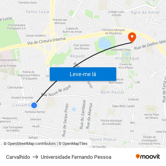 Carvalhido to Universidade Fernando Pessoa map