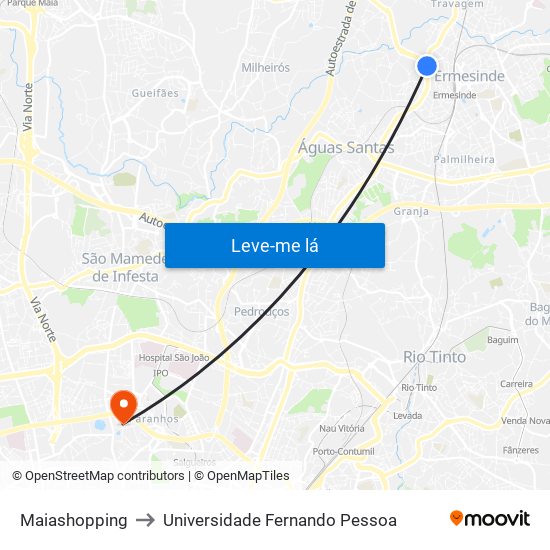 Maiashopping to Universidade Fernando Pessoa map