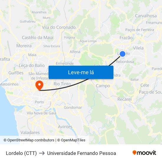 Lordelo (CTT) to Universidade Fernando Pessoa map