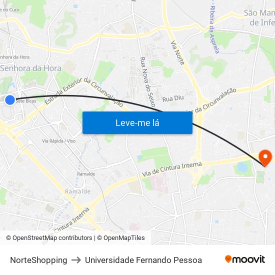 NorteShopping to Universidade Fernando Pessoa map