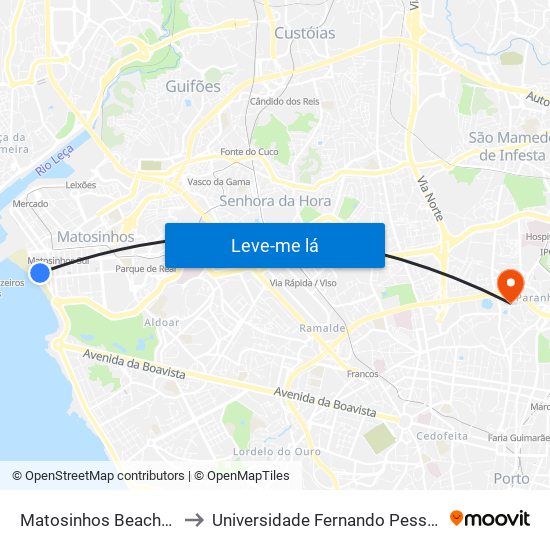 Matosinhos Beaches to Universidade Fernando Pessoa map