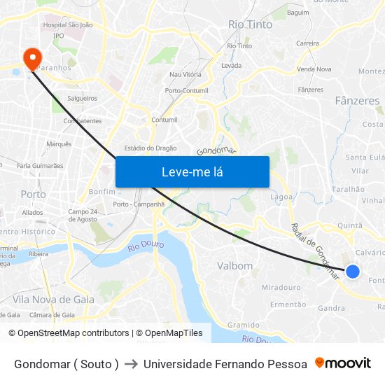 Gondomar ( Souto ) to Universidade Fernando Pessoa map