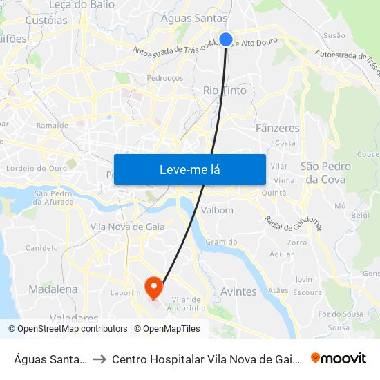 Águas Santas - Palmilheira to Centro Hospitalar Vila Nova de Gaia / Espinho Santos Silva - Unidade 1 map