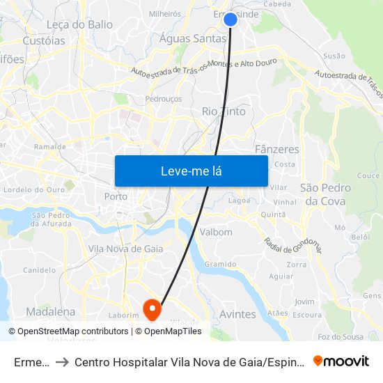 Ermesinde to Centro Hospitalar Vila Nova de Gaia / Espinho Santos Silva - Unidade 1 map