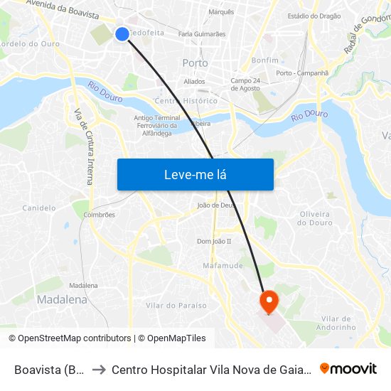 Boavista (Bom Sucesso) to Centro Hospitalar Vila Nova de Gaia / Espinho Santos Silva - Unidade 1 map