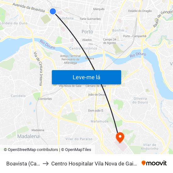 Boavista (Casa da Música) to Centro Hospitalar Vila Nova de Gaia / Espinho Santos Silva - Unidade 1 map