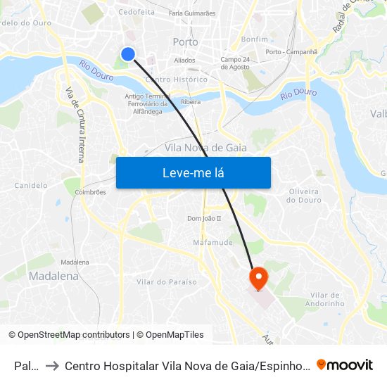 Palácio to Centro Hospitalar Vila Nova de Gaia / Espinho Santos Silva - Unidade 1 map