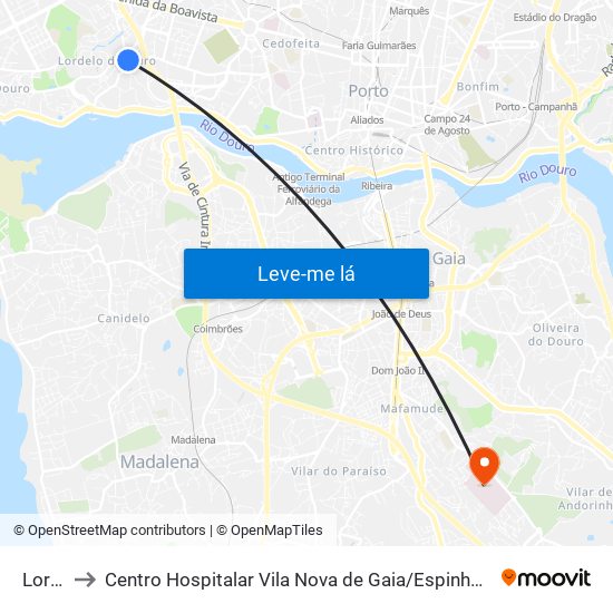 Lordelo to Centro Hospitalar Vila Nova de Gaia / Espinho Santos Silva - Unidade 1 map