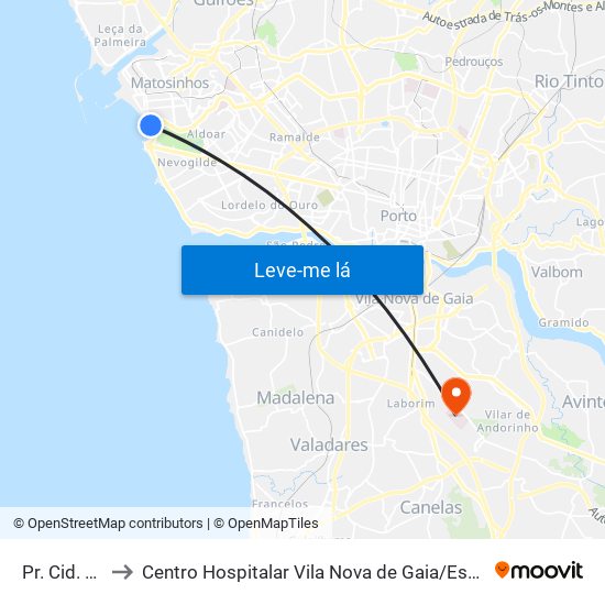 Pr. Cid. Salvador to Centro Hospitalar Vila Nova de Gaia / Espinho Santos Silva - Unidade 1 map