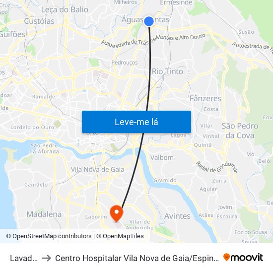 Lavadouros to Centro Hospitalar Vila Nova de Gaia / Espinho Santos Silva - Unidade 1 map