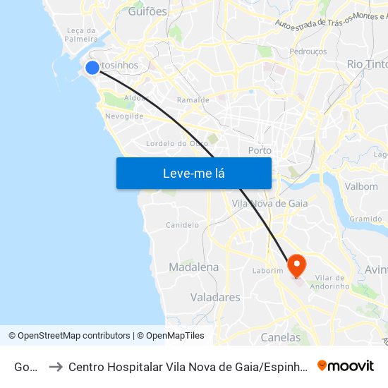 Godinho to Centro Hospitalar Vila Nova de Gaia / Espinho Santos Silva - Unidade 1 map