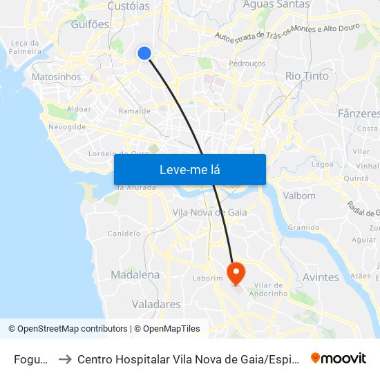 Fogueteiros to Centro Hospitalar Vila Nova de Gaia / Espinho Santos Silva - Unidade 1 map