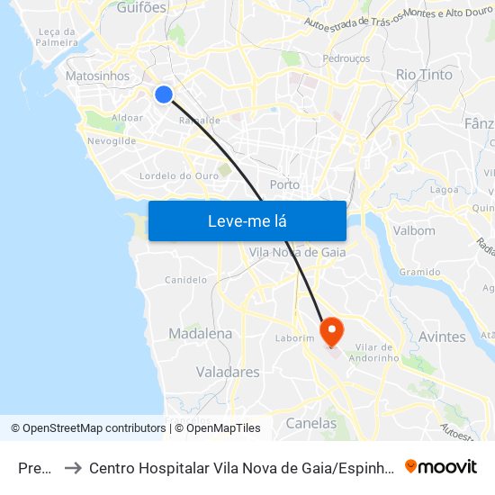 Preciosa to Centro Hospitalar Vila Nova de Gaia / Espinho Santos Silva - Unidade 1 map