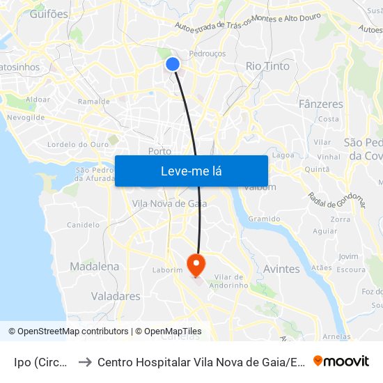 Ipo (Circunvalação) to Centro Hospitalar Vila Nova de Gaia / Espinho Santos Silva - Unidade 1 map