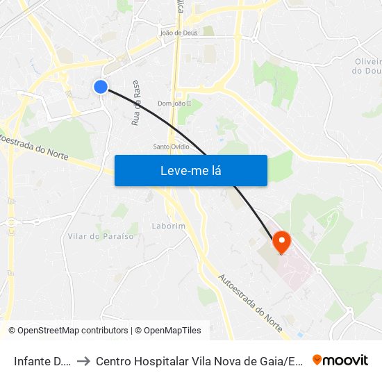 Infante D. Henrique to Centro Hospitalar Vila Nova de Gaia / Espinho Santos Silva - Unidade 1 map