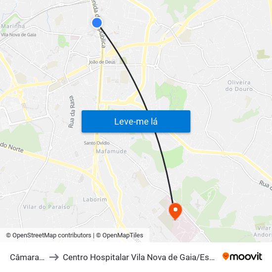 Câmara de Gaia to Centro Hospitalar Vila Nova de Gaia / Espinho Santos Silva - Unidade 1 map