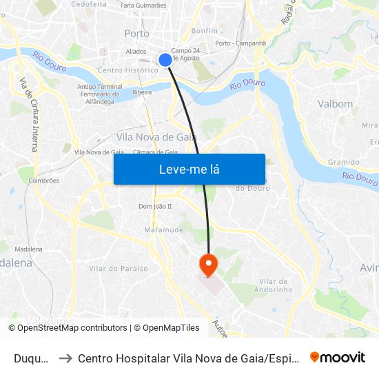 Duque Loulé to Centro Hospitalar Vila Nova de Gaia / Espinho Santos Silva - Unidade 1 map