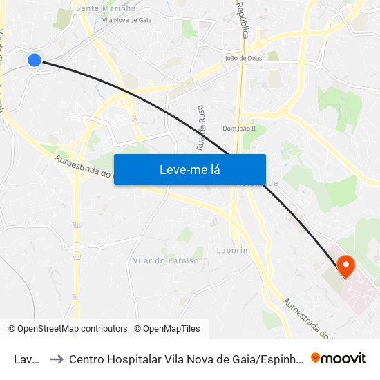 Lavouras to Centro Hospitalar Vila Nova de Gaia / Espinho Santos Silva - Unidade 1 map