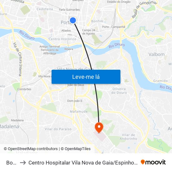 Bolhão to Centro Hospitalar Vila Nova de Gaia / Espinho Santos Silva - Unidade 1 map