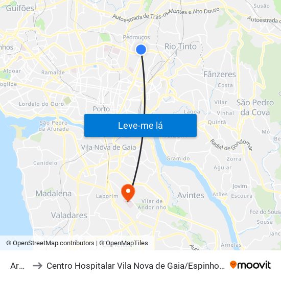 Areosa to Centro Hospitalar Vila Nova de Gaia / Espinho Santos Silva - Unidade 1 map