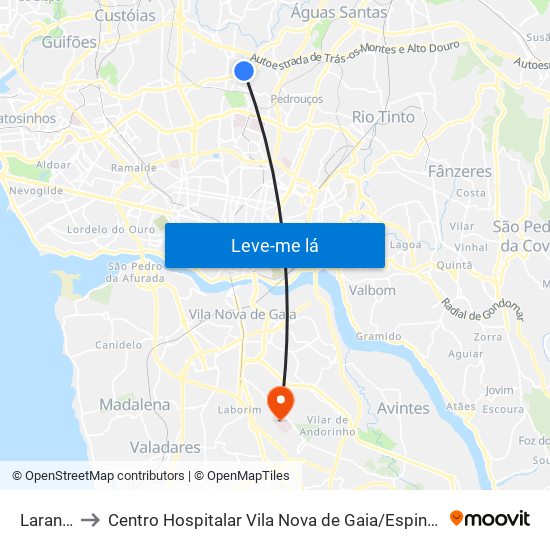 Laranjeiras to Centro Hospitalar Vila Nova de Gaia / Espinho Santos Silva - Unidade 1 map