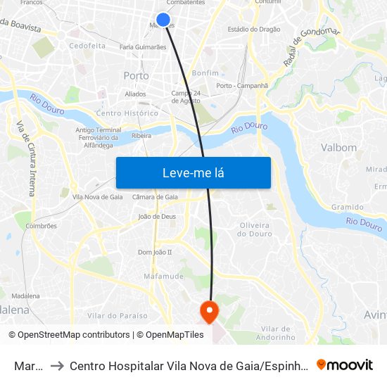 Marquês to Centro Hospitalar Vila Nova de Gaia / Espinho Santos Silva - Unidade 1 map
