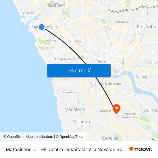 Matosinhos Câmara (Matc1) to Centro Hospitalar Vila Nova de Gaia / Espinho Santos Silva - Unidade 1 map