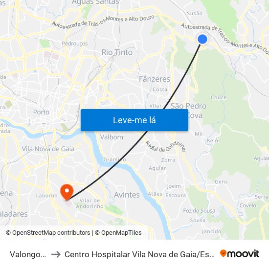 Valongo (Centro) to Centro Hospitalar Vila Nova de Gaia / Espinho Santos Silva - Unidade 1 map