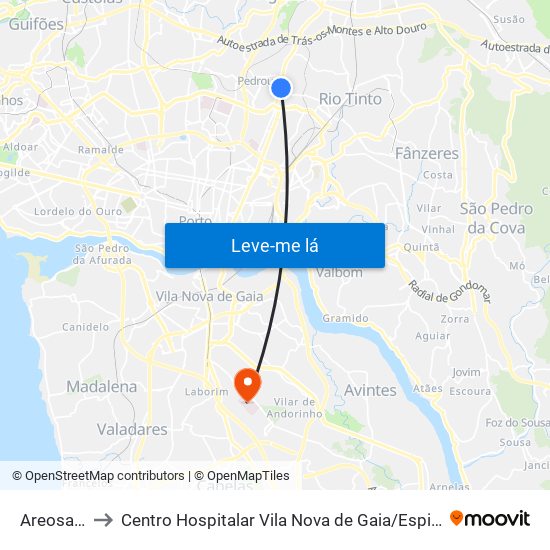 Areosa (Feira) to Centro Hospitalar Vila Nova de Gaia / Espinho Santos Silva - Unidade 1 map