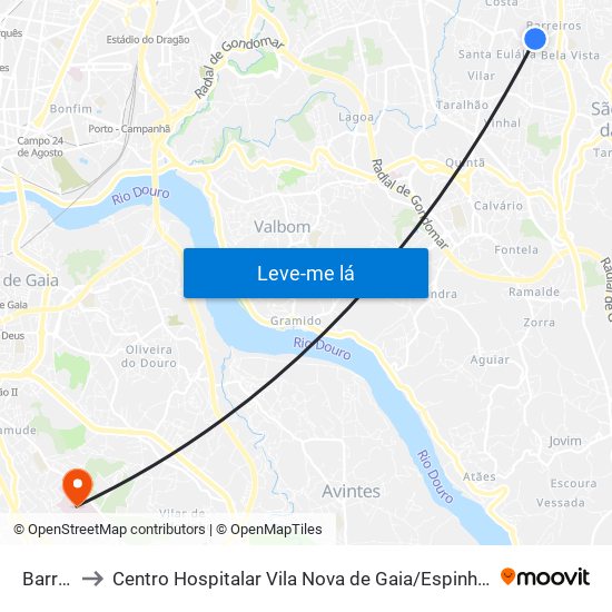 Barreiros to Centro Hospitalar Vila Nova de Gaia / Espinho Santos Silva - Unidade 1 map
