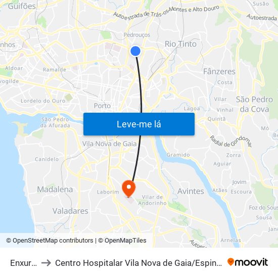 Enxurreiras to Centro Hospitalar Vila Nova de Gaia / Espinho Santos Silva - Unidade 1 map