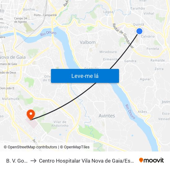 B. V. Gondomar to Centro Hospitalar Vila Nova de Gaia / Espinho Santos Silva - Unidade 1 map