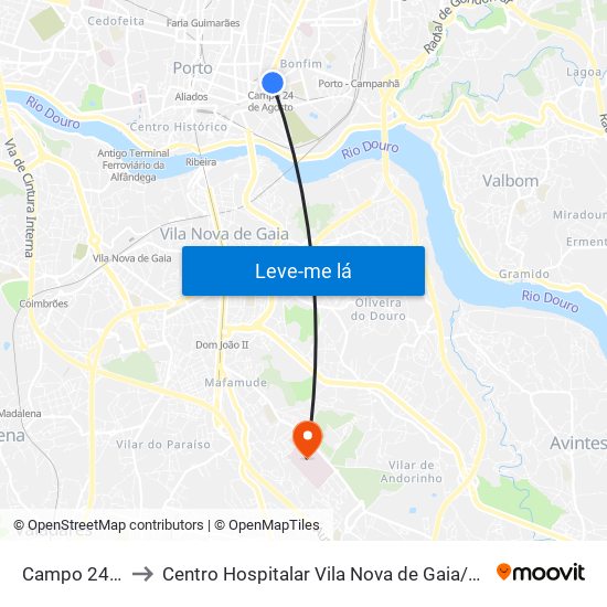 Campo 24 de Agosto to Centro Hospitalar Vila Nova de Gaia / Espinho Santos Silva - Unidade 1 map