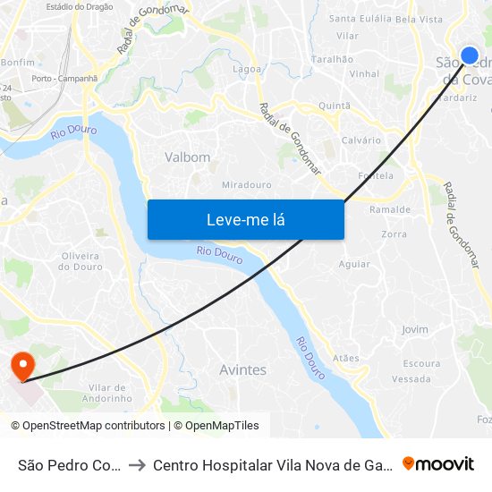 São Pedro Cova (Rio Ferreira) to Centro Hospitalar Vila Nova de Gaia / Espinho Santos Silva - Unidade 1 map