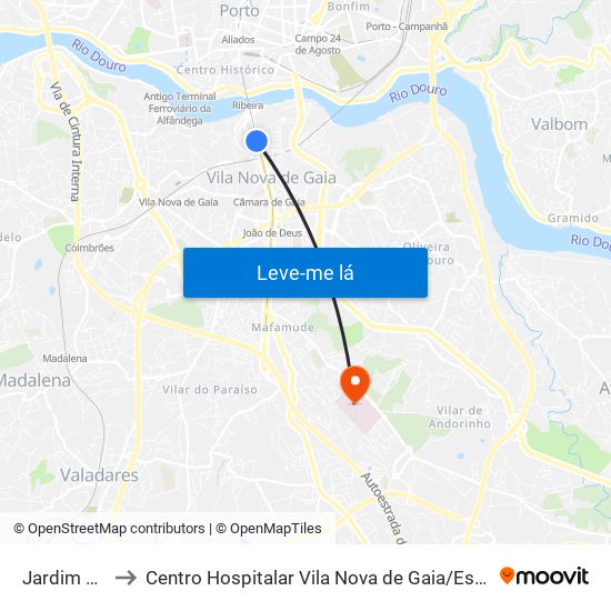 Jardim do Morro to Centro Hospitalar Vila Nova de Gaia / Espinho Santos Silva - Unidade 1 map