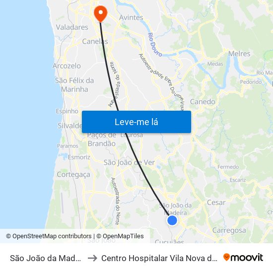 São João da Madeira (Terminal Rodoviário) to Centro Hospitalar Vila Nova de Gaia / Espinho Santos Silva - Unidade 1 map
