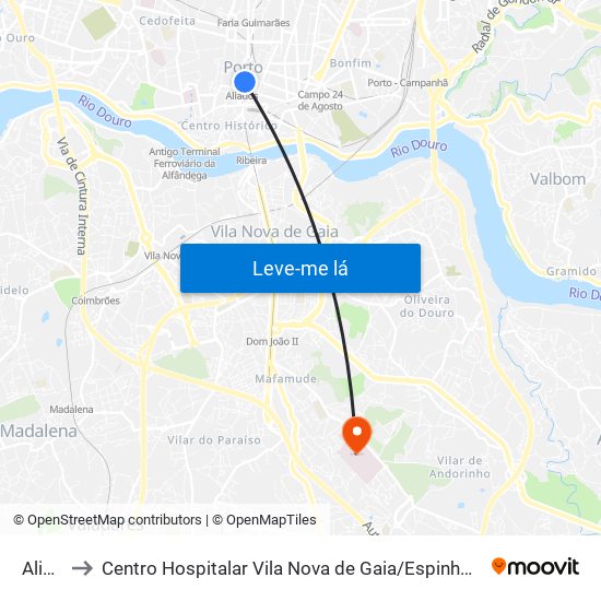 Aliados to Centro Hospitalar Vila Nova de Gaia / Espinho Santos Silva - Unidade 1 map