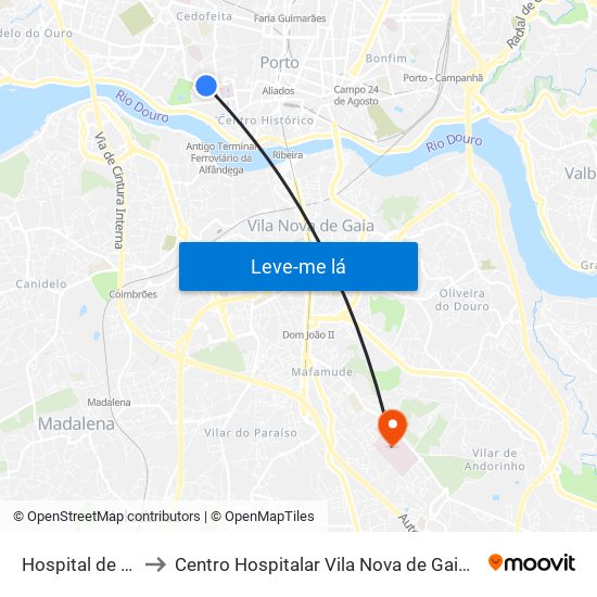 Hospital de Santo António to Centro Hospitalar Vila Nova de Gaia / Espinho Santos Silva - Unidade 1 map